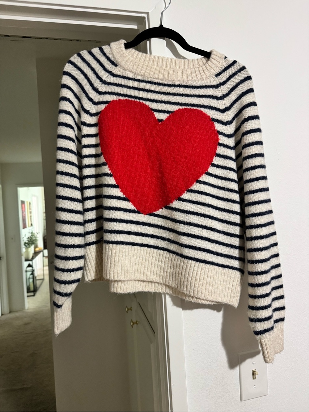 Old Navy Cream & Navy Striped Sweater with Red Heart